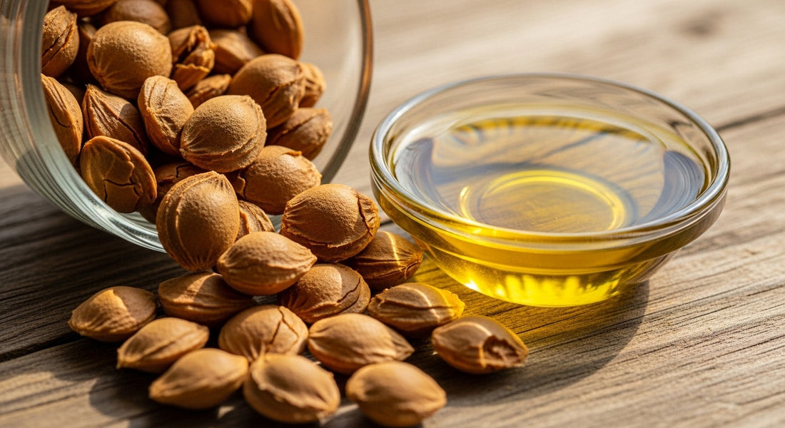 apricot seeds and apricot kernel oil in a glass bowl on a wooden table