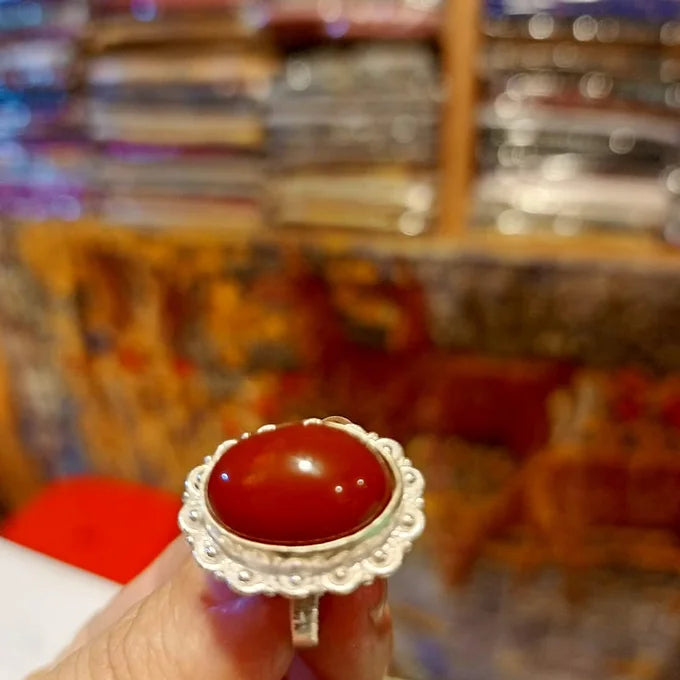 Natural Red Aqeeq (Carnelian) Gemstone Silver Ring handmade in Baltistan