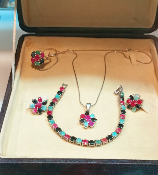 Real Ruby Emerald and Aquamarine Silver Jewelry Set - Handcrafted Natural Gemstone Floral Pendant, Ring, Earrings & Bracelet from Gilgit Baltistan