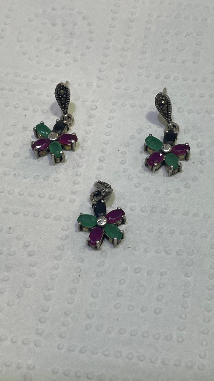 Real Termuline, Ruby & Emerald Silver Pendant Set | Handcrafted 3-Stone Jewelry