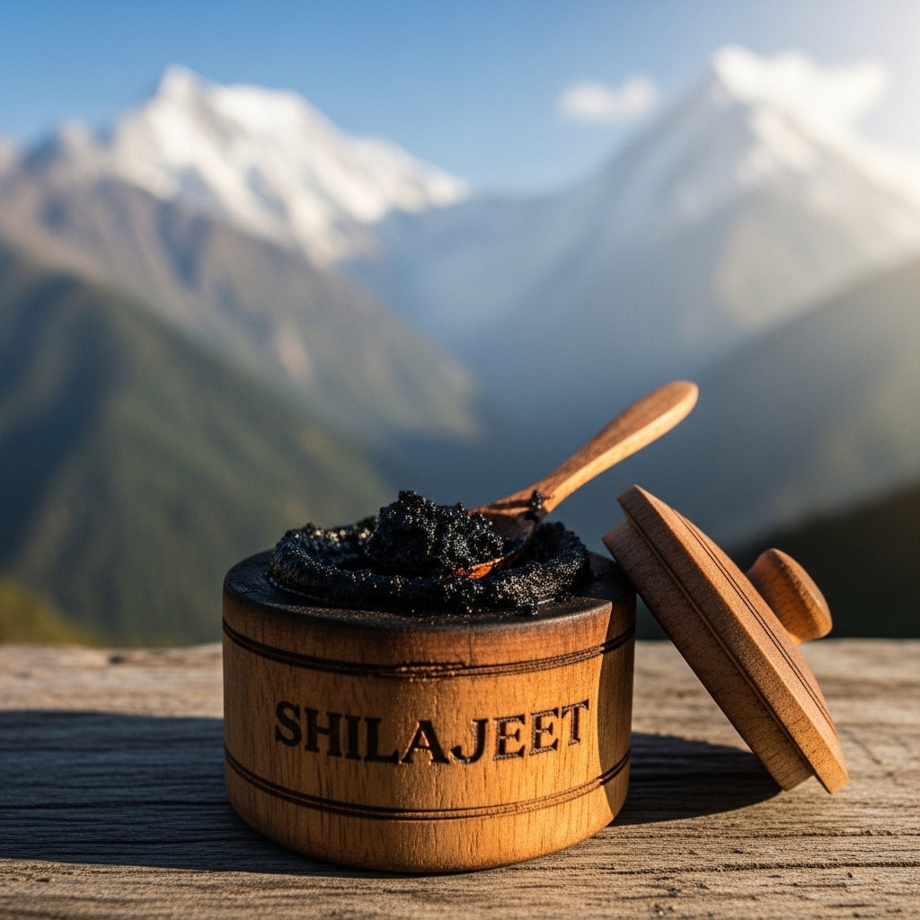 Wooden container labeled 'Shilajeet' with a wooden spoon against a mountainous background